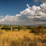 a grassy field with a fence and mountains in the background